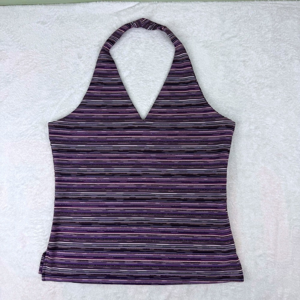 Studio Y Womens Purple Striped Metallic Halter Top‎ V-Neck Sleeveless Shirt